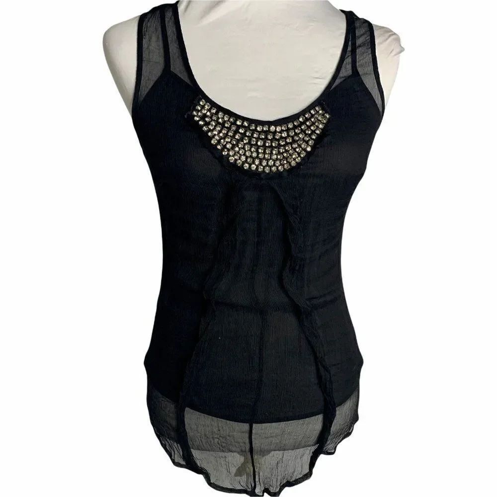 Vintage Silk Chiffon Tank Top S Black Rhinestones Adjustable Spaghetti Straps